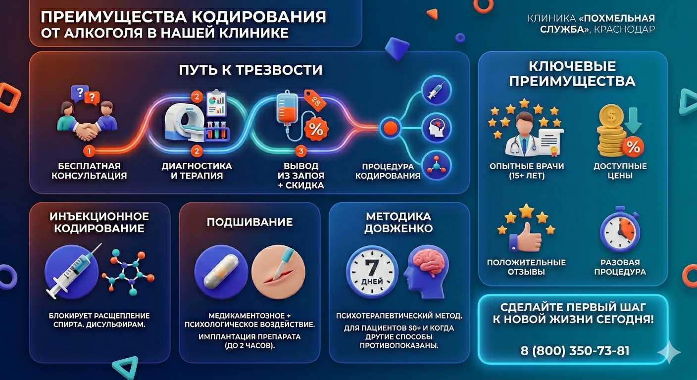 Инфографика о методах кодирования от алкоголя в Фрязино: инъекции, подшивание, метод Довженко. Преимущества клиники и этапы лечения.
