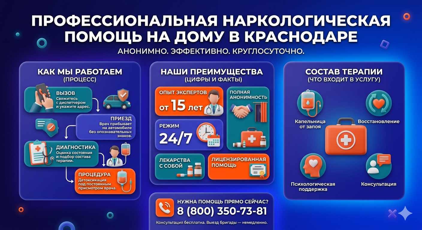 Инфографика о принципах лечения алкоголизма на дому в Фрязино: этапы вызова нарколога, преимущества анонимной детоксикации и состав медицинской помощи.
